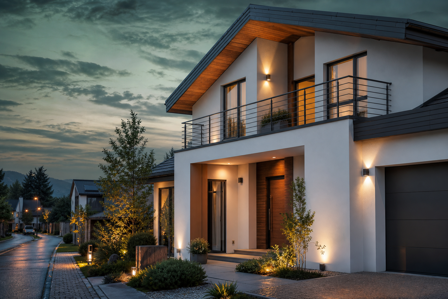 Modernes Wohnhaus mit smarter Außenbeleuchtung in der Abenddämmerung